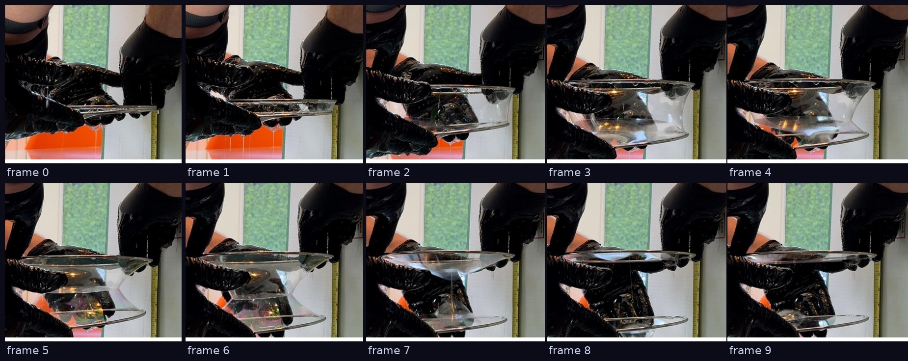 Ten frames of the real soap film pull, from touching rings to the popped disks, arranged as a contact sheet