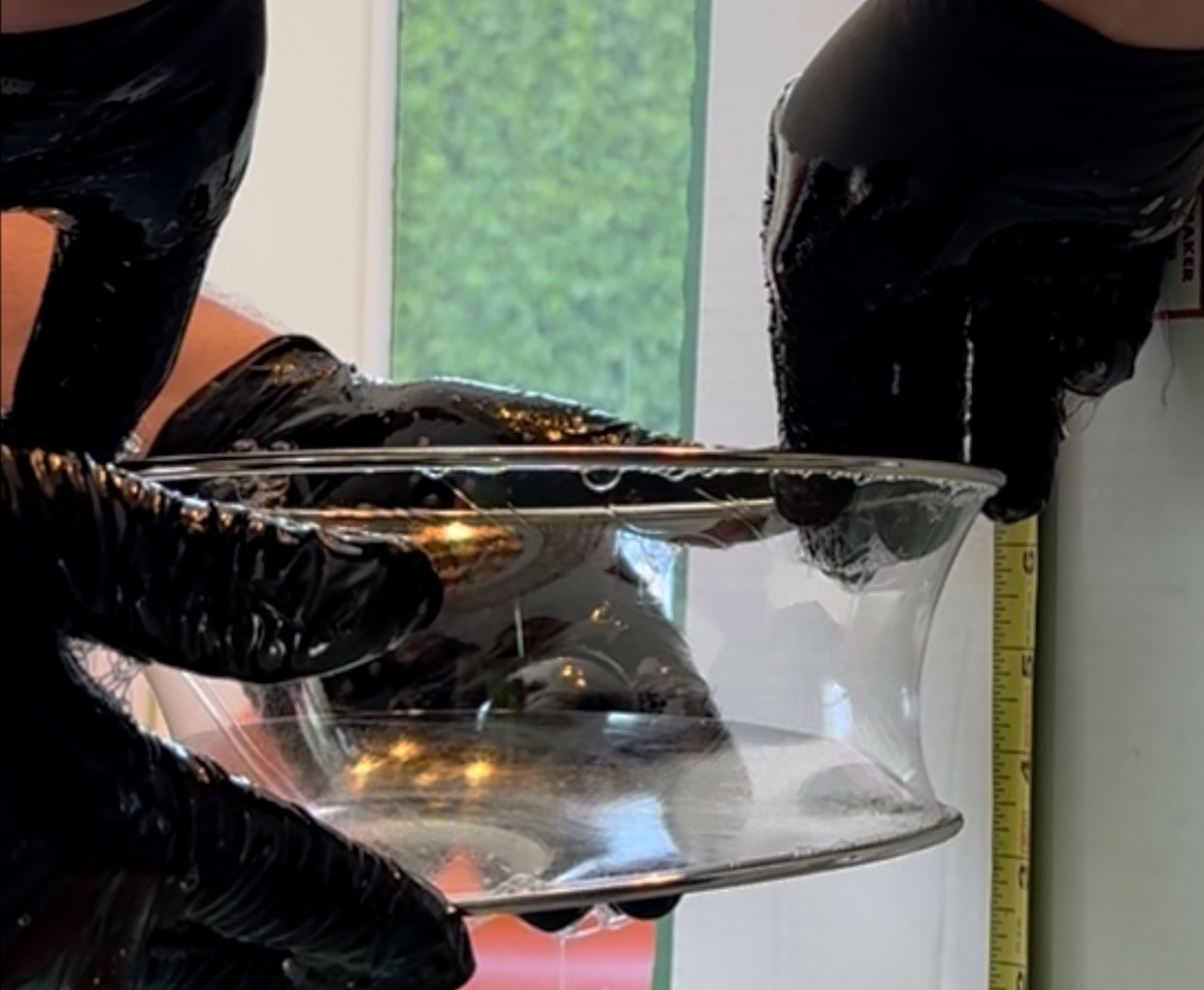 The real soap film, parked as a wide hourglass catenoid between two wire rings