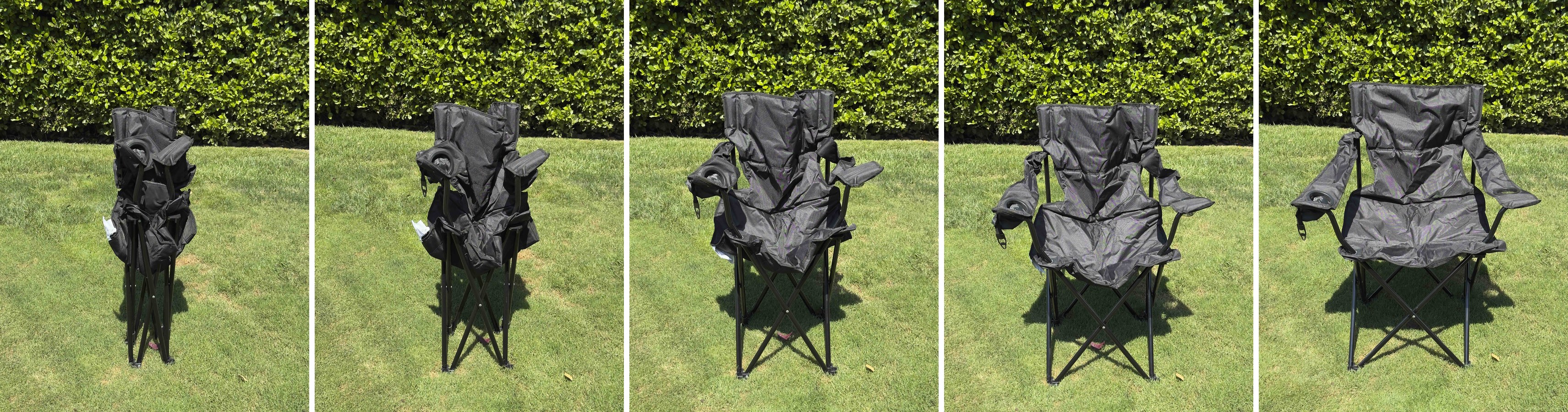 Five photographs of a black folding camp chair on a lawn, from fully folded to fully open